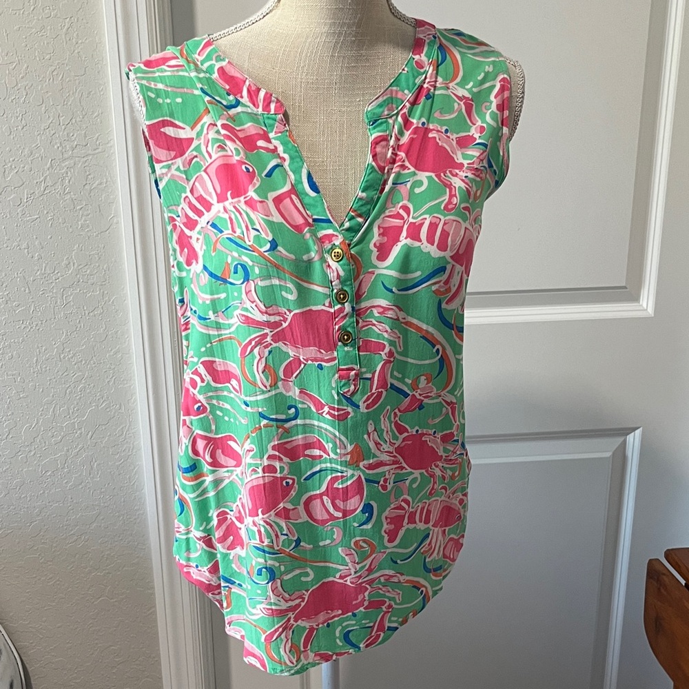 Kiwi Fresh Vibrant Lobster & Crab Print Sleeveless Popover Top NWOT SZ L